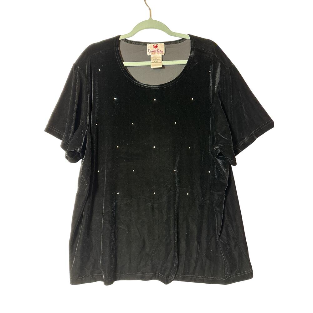 Quacker Factory Women's Velvet Rhinestone Blouse Top Black Size 3X Office Casual